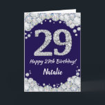 Happy 29. Geburtstag Navy Blue und Silver Glitzer Karte<br><div class="desc">Happy 29. Geburtstag Navy Blue und Silver Glitzer Card mit personalisiertem Namen. Für weitere Anpassungen klicken Sie bitte auf die Schaltfläche "Anpassen" und verwenden Sie unser Designwerkzeug,  um diese Vorlage zu ändern.</div>