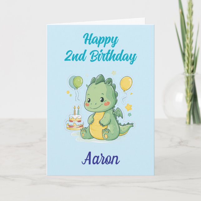 Happy 2nd Birthday, Cute Dragon, Personalized  Karte (Vorderseite)