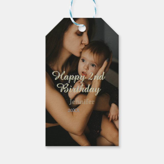 Happy 2nd birthday kids baby mother yellow gray na geschenkanhänger (Vorderseite)