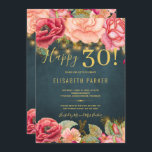Happy 30 floral chic elegant 30. Geburtstag Party Einladung<br><div class="desc">Luxuriöse elegante Vintage romantische Stil 30. Geburtstag Party Einladung Vorlage mit rot rosa und pfirsichfarbenen Glitzer Peony Rose und blüht Garlands und golden rustikalen Saiten oder Tinkle Lichter auf einem Mitternacht blauen Kalkboard Hintergrund. — Die Einladung ist geeignet für Frühlings- oder Sommernacht, Herbst rustikalen oder Garten Vintagen Outdoor Meilensteine Geburtstagsfeiern...</div>