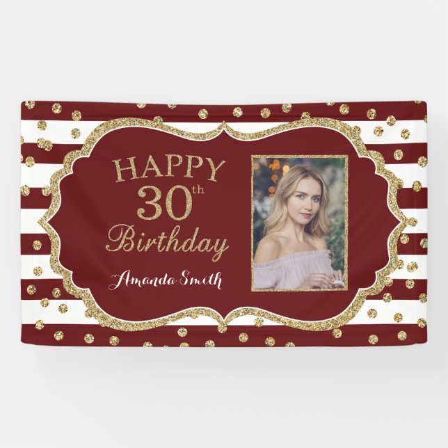 Happy 30. Geburtstag Banner Burgundy Gold Foto (Horizontal)