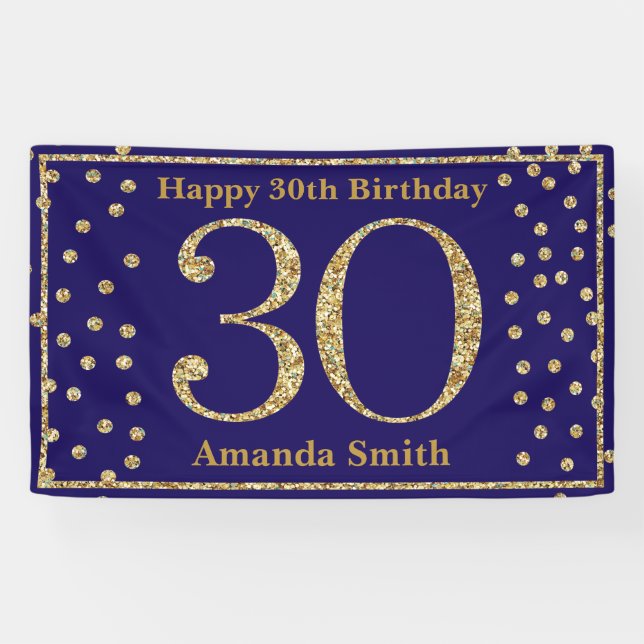 Happy 30. Geburtstag Banner Navy Blue Gold Glitzer (Horizontal)