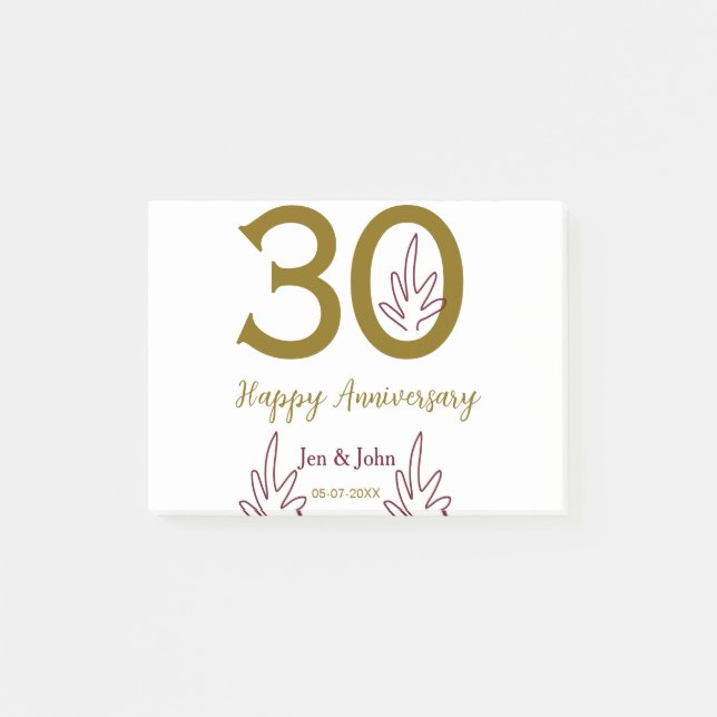 Happy 30th anniversary name date golden red leaf post-it klebezettel (Vorderseite)