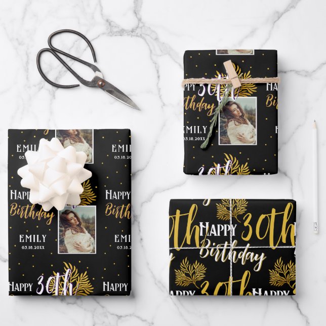 Happy 30th Birthday Black Gold Foliage Photo  Geschenkpapier Set (Vorderseite)