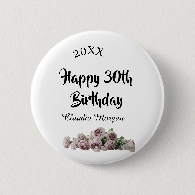 Happy 30th birthday pink white mauve floral name y button (Vorderseite)