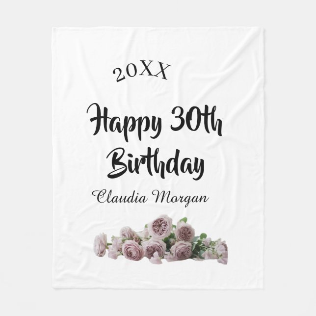 Happy 30th birthday pink white mauve floral name y fleecedecke (Vorderseite)