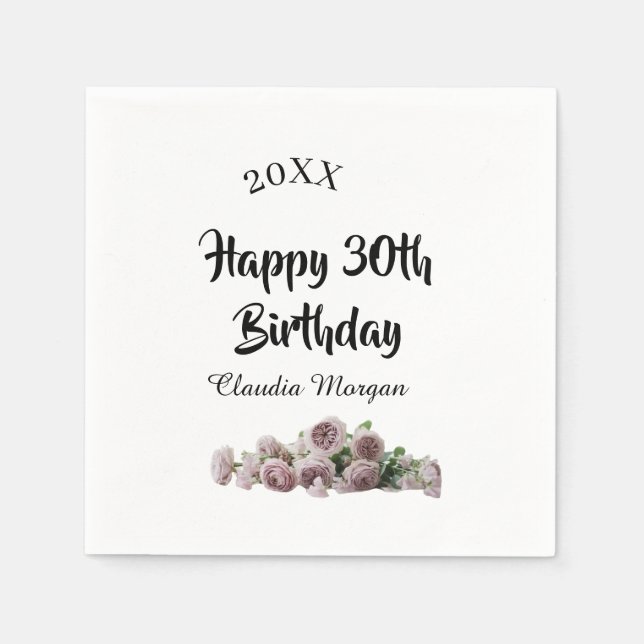 Happy 30th birthday pink white mauve floral name y serviette (Vorderseite)