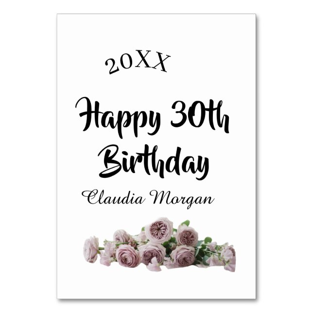 Happy 30th birthday pink white mauve floral name y tischnummer (Vorderseite)
