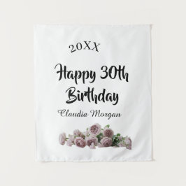 Happy 30th birthday pink white mauve floral name y wandteppich