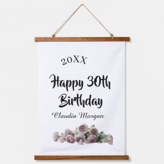 Happy 30th birthday pink white mauve floral name y wandteppich mit holzrahmen