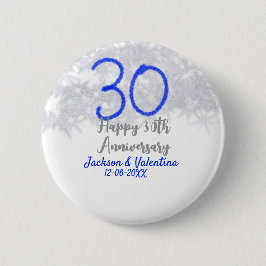 Happy 30th wedding anniversary silver blue glitter button