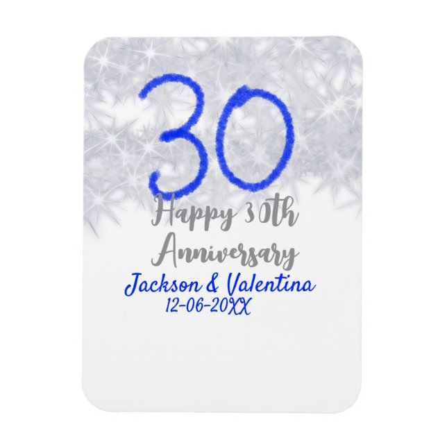 Happy 30th wedding anniversary silver blue glitter magnet (Vertikal)