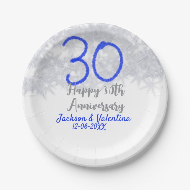 Happy 30th wedding anniversary silver blue glitter pappteller (Vorderseite)