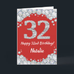 Happy 32. Geburtstagskarte Rot und Silber Glitzer  Karte<br><div class="desc">Glückliche 32. Geburtstagskarte Rot und Silber Glitzer Card mit personalisiertem Namen. Für weitere Anpassungen klicken Sie bitte auf die Schaltfläche "Anpassen" und verwenden Sie unser Designwerkzeug,  um diese Vorlage zu ändern.</div>