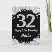 Happy 32. Geburtstagskarte Schwarz und Silber Glit