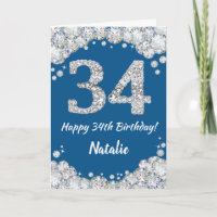 Happy 34. Geburtstag Blue and Silver Glitzer Card
