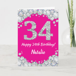 Happy 34. Geburtstag Hot Pink und Silver Glitzer Karte