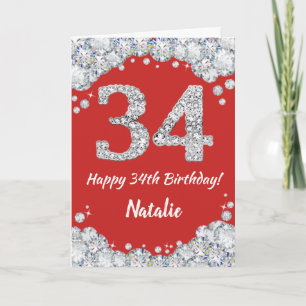 Happy 34. Geburtstagskarte Rot und Silber Glitzer Karte