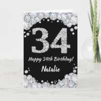 Happy 34. Geburtstagskarte Schwarz/Silber Glitzer