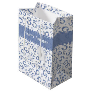 Happy 35. Geburtstag Zahlenmuster Blau/Weiß Mittlere Geschenktüte
