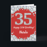 Happy 35. Geburtstagskarte Rot und Silber Glitzer  Karte<br><div class="desc">Glückliche 35. Geburtstagskarte Rot und Silber Glitzer mit personalisiertem Namen. Für weitere Anpassungen klicken Sie bitte auf die Schaltfläche "Anpassen" und verwenden Sie unser Designwerkzeug,  um diese Vorlage zu ändern.</div>