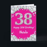 Happy 38. Geburtstag Hot Pink und Silver Glitzer Karte<br><div class="desc">Happy 38. Geburtstag Hot Pink und Silver Glitzer Card mit personalisiertem Namen. Für weitere Anpassungen klicken Sie bitte auf die Schaltfläche "Anpassen" und verwenden Sie unser Designwerkzeug,  um diese Vorlage zu ändern.</div>