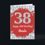 Happy 38. Geburtstagskarte Rot und Silberer Glitze Karte<br><div class="desc">Glückliche 38. Geburtstagskarte Rot und Silber Glitzer Card mit personalisiertem Namen. Für weitere Anpassungen klicken Sie bitte auf die Schaltfläche "Anpassen" und verwenden Sie unser Designwerkzeug,  um diese Vorlage zu ändern.</div>