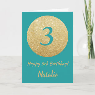 Happy 3. Geburtstag Aquamarine und Gold Glitzer Ca Karte
