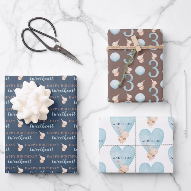 Happy 3. Geburtstag Tweetheart Wrapping Paper Geschenkpapier Set (Vorderseite)