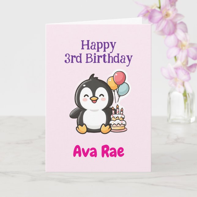Happy 3rd Birthday, Cute Penguin, Personalized  Karte (Orchidee)