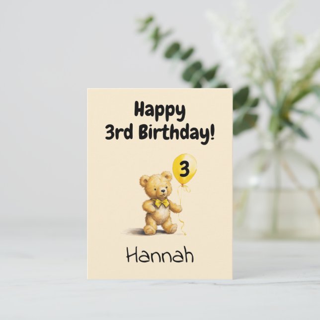 Happy 3rd Birthday, Personalized Teddy Bear Card,  Postkarte (Stehend Vorderseite)