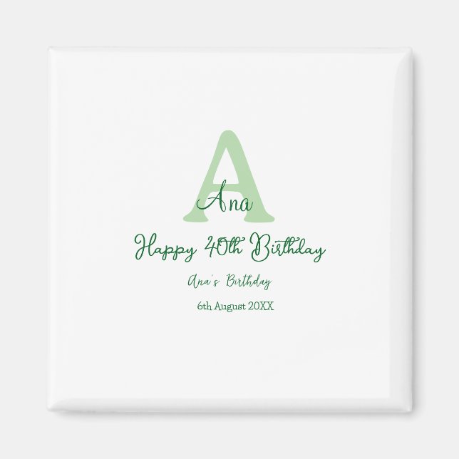 Happy 40. Geburtstag Grün hinzufügen Name monogram Magnet (Vorne)