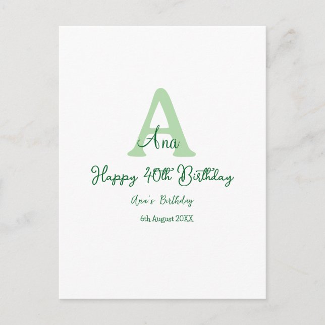 Happy 40. Geburtstag Grün hinzufügen Name monogram Postkarte (Vorderseite)