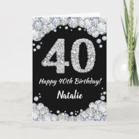 Happy 40. Geburtstagskarte Schwarz/Silber Glitzer