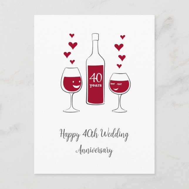 Happy 40. Wedding Anniversary Red Wine Heart Card Postkarte (Vorderseite)