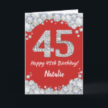 Happy 45. Geburtstagskarte Rot und Silber Glitzer  Karte<br><div class="desc">Glückliche 45. Geburtstagskarte Rot und Silber Glitzer Card mit personalisiertem Namen. Für weitere Anpassungen klicken Sie bitte auf die Schaltfläche "Anpassen" und verwenden Sie unser Designwerkzeug,  um diese Vorlage zu ändern.</div>
