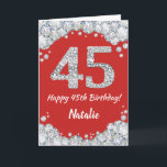 Happy 45. Geburtstagskarte Rot und Silber Glitzer  Karte<br><div class="desc">Glückliche 45. Geburtstagskarte Rot und Silber Glitzer Card mit personalisiertem Namen. Für weitere Anpassungen klicken Sie bitte auf die Schaltfläche "Anpassen" und verwenden Sie unser Designwerkzeug,  um diese Vorlage zu ändern.</div>
