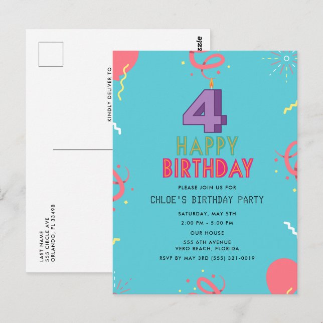 Happy 4. Geburtstag Kinder Party Postkarte (Vorne/Hinten)