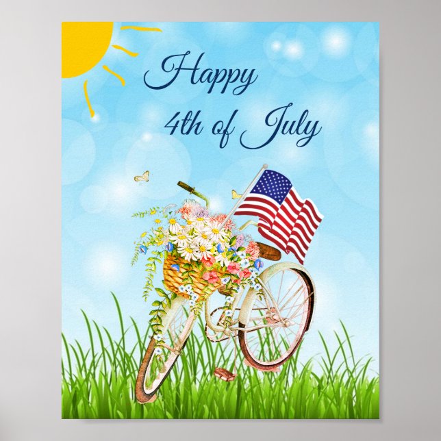 Happy 4. Juli Fahrrad mit Flagge Poster (Vorne)