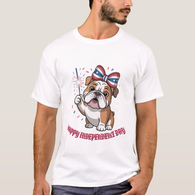 "Happy 4. Juli" Patriotic Bulldog Custom T-Shirt (Vorderseite)