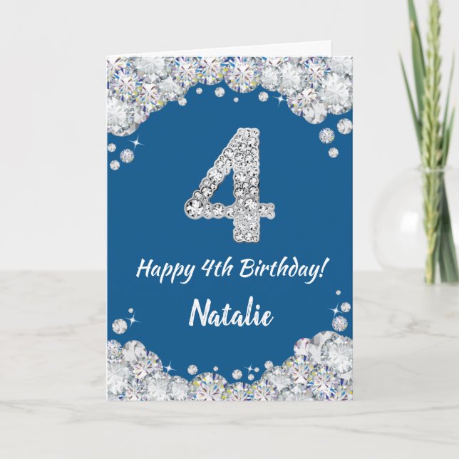 Happy 4th Birthday Blue and Silver Glitzer Card Karte (Vorderseite)
