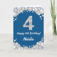 Happy 4th Birthday Blue and Silver Glitzer Card