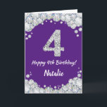 Happy 4th Birthday Lila und Silver Glitzer Card Karte<br><div class="desc">Happy 4. Geburtstag Lila und Silver Glitzer Card mit personalisiertem Namen. Für weitere Anpassungen klicken Sie bitte auf die Schaltfläche "Anpassen" und verwenden Sie unser Designwerkzeug,  um diese Vorlage zu ändern.</div>