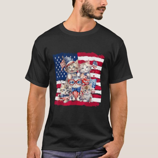 Happy 4th Of July Cute Cat Kitten American Flag  f T-Shirt (Vorderseite)