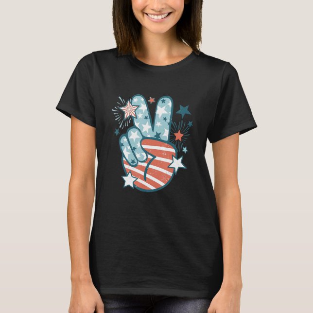 Happy 4th Of July Peace Hand Sign American Flag Pa T-Shirt (Vorderseite)