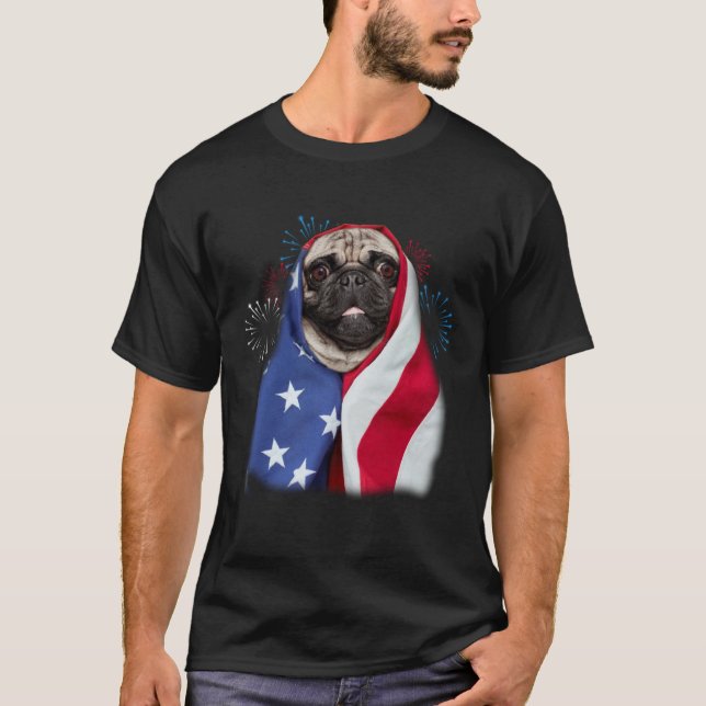 Happy 4th Of July Pug Wearing American Flag Pride T-Shirt (Vorderseite)