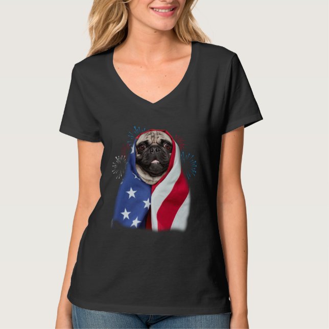 Happy 4th Of July Pug Wearing American Flag Pride T-Shirt (Vorderseite)