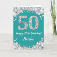 Happy 50. Geburtstag Aquamarine und Silberne Glitz Karte