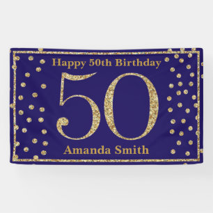 Happy 50. Geburtstag Banner Navy Blue Gold Glitzer