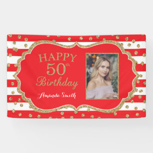 Happy 50. Geburtstag Banner Red Gold Glitzer Foto